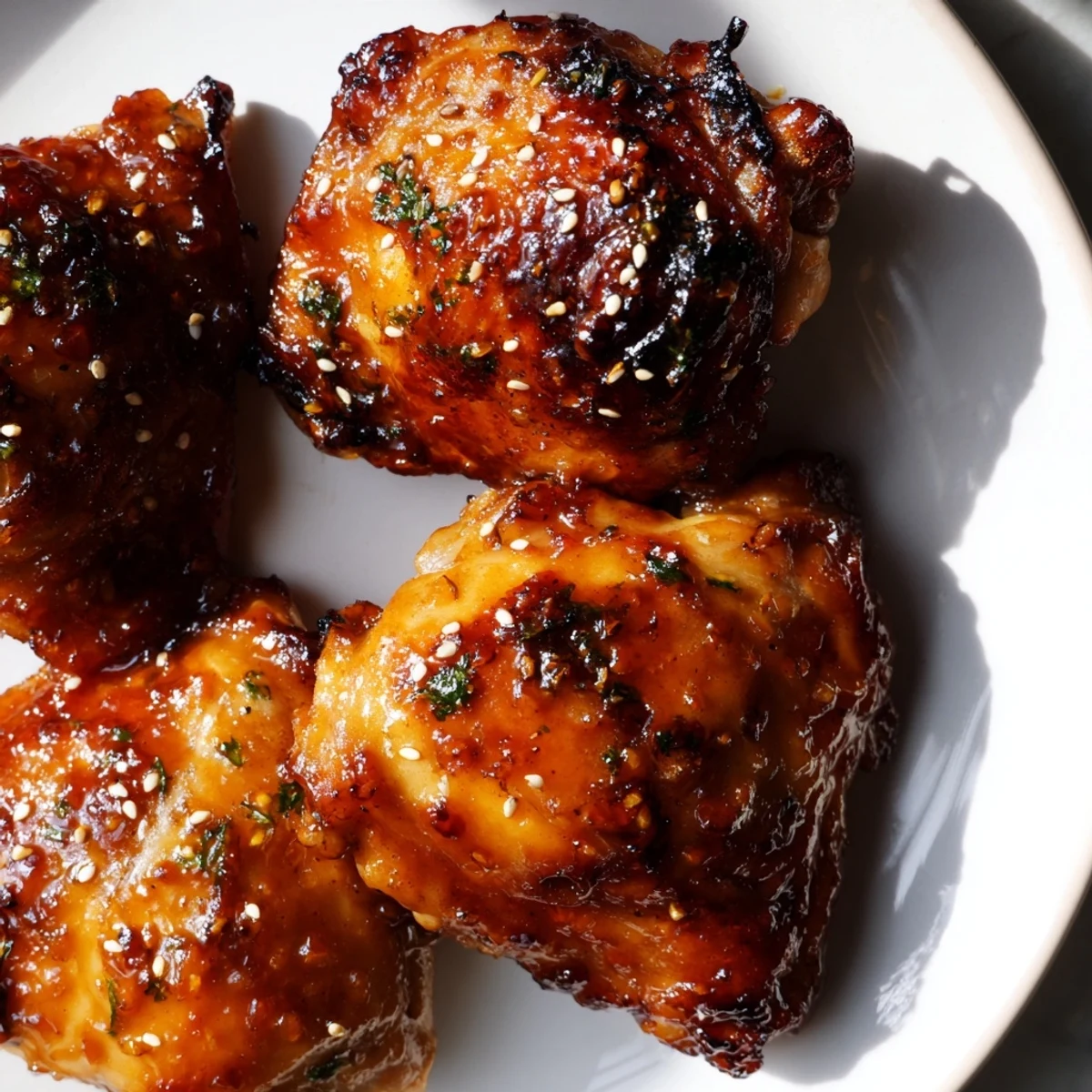 Golden-brown Honey Garlic Glazed Chicken thighs sizzling in a skillet with a sticky, caramelized glaze.  