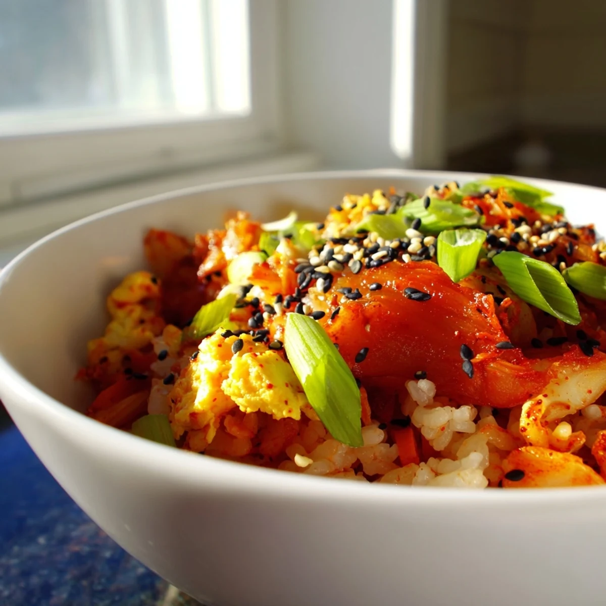 A close-up of Spicy Kimchi Fried Rice topped with sesame seeds, a sunny-side-up egg, and roasted seaweed on a white plate.