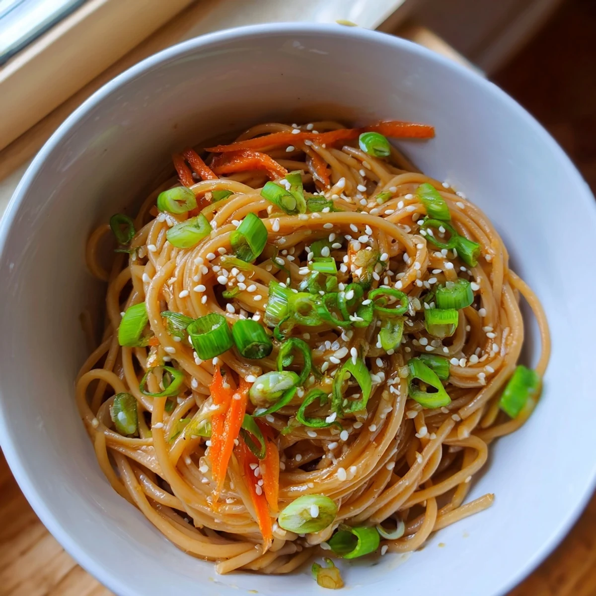 Steaming Asian Garlic Noodle Bowl with toasted sesame seeds, green onions, and tender noodles coated in a glossy garlic-butter sauce.  