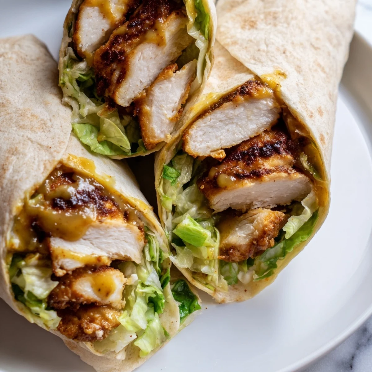 Golden-brown seasoned chicken tenders, crisp romaine lettuce, and vibrant red onion slices loaded into a soft flour tortilla, ready for a quick and satisfying lunch.