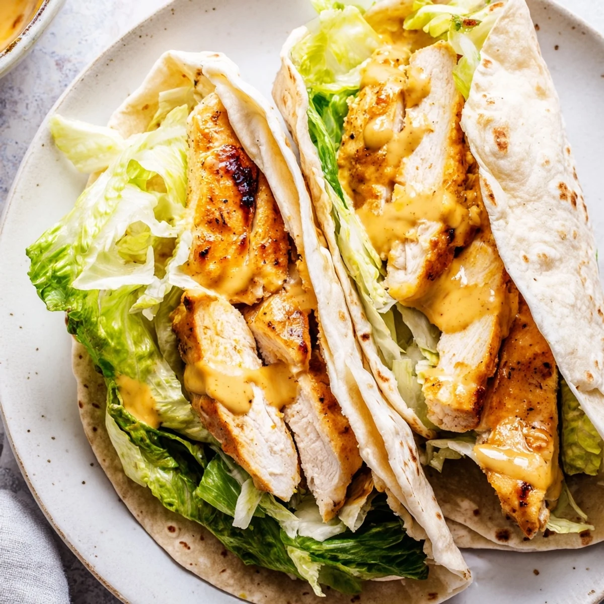 Overhead view of a freshly rolled Honey Mustard Chicken Wrap on a wooden board, surrounded by sliced tomatoes and extra dressing for a delicious weeknight dinner idea.
