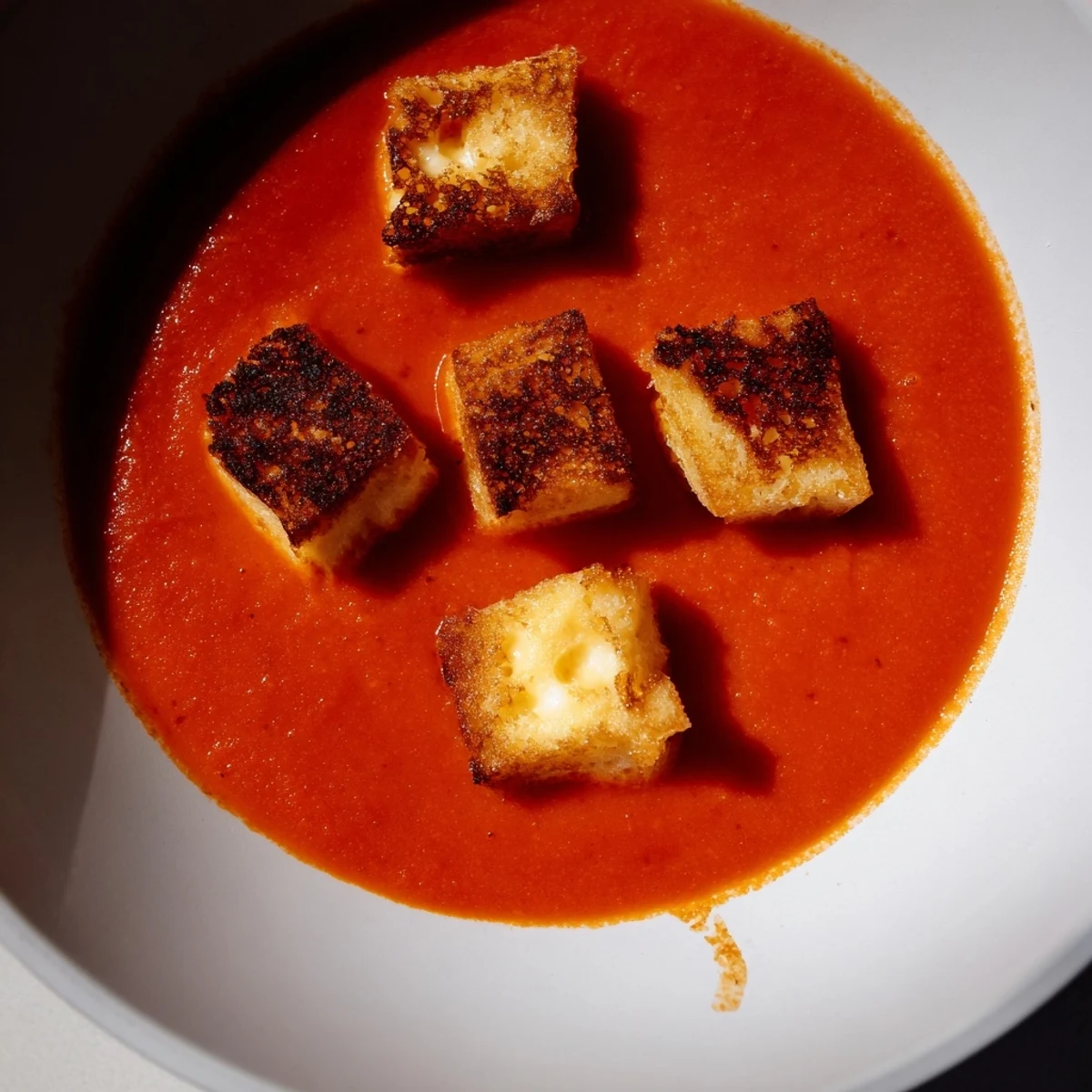 Creamy roasted tomato soup with grilled cheese croutons, garnished with fresh basil, served in a rustic white bowl.