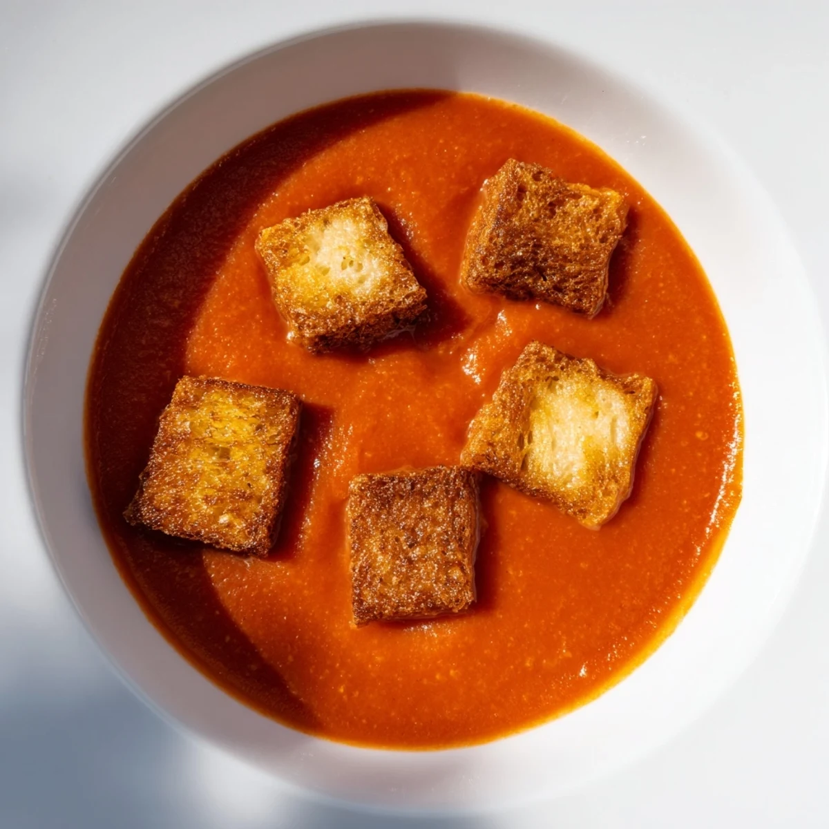 Velvety roasted tomato soup topped with crispy grilled cheese croutons, ready to serve on a cozy kitchen counter.