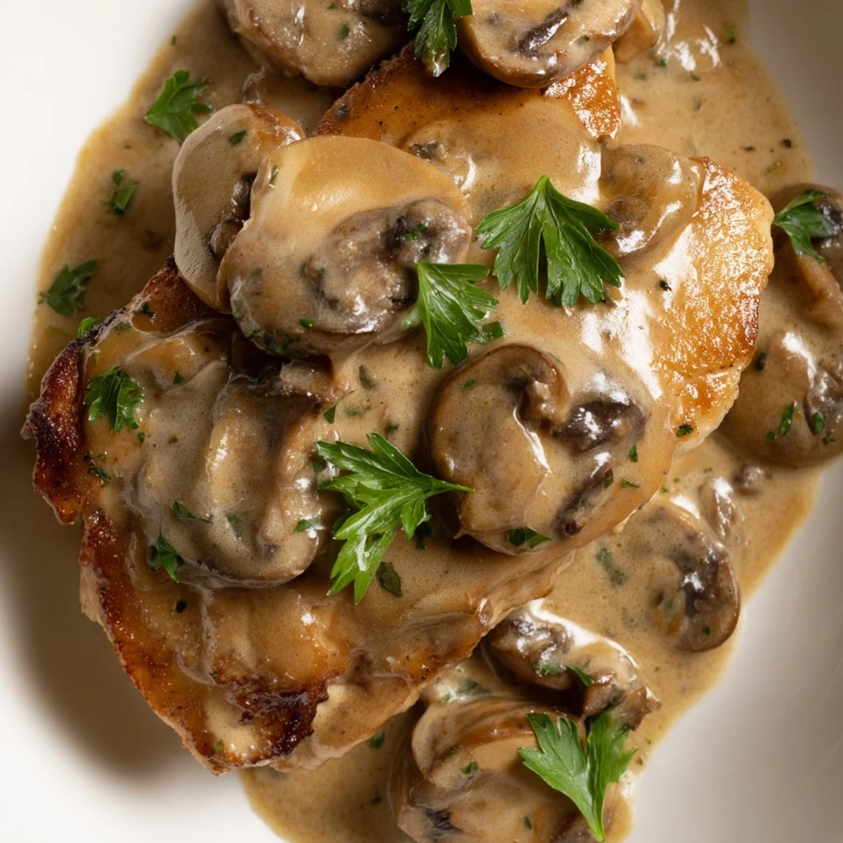 A close-up view of creamy Chicken Marsala with al dente pasta, garnished with fresh parsley and freshly grated Parmesan cheese for a savory finish.