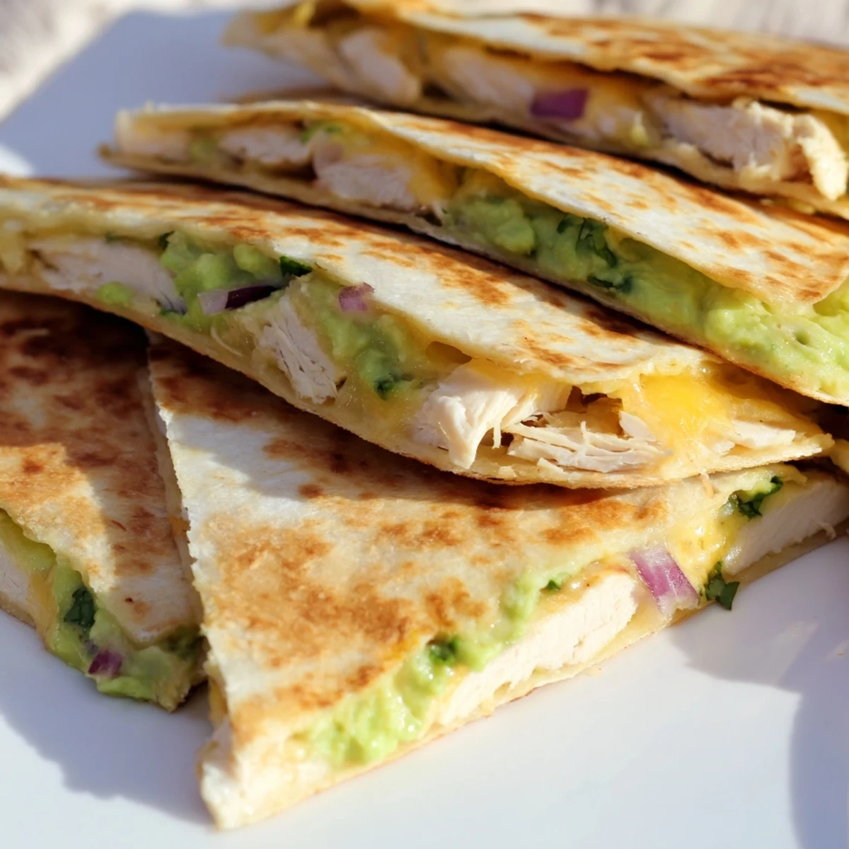 Golden-brown Chicken Avocado Quesadilla wedges are stacked high, revealing melted cheese and creamy avocado mash.