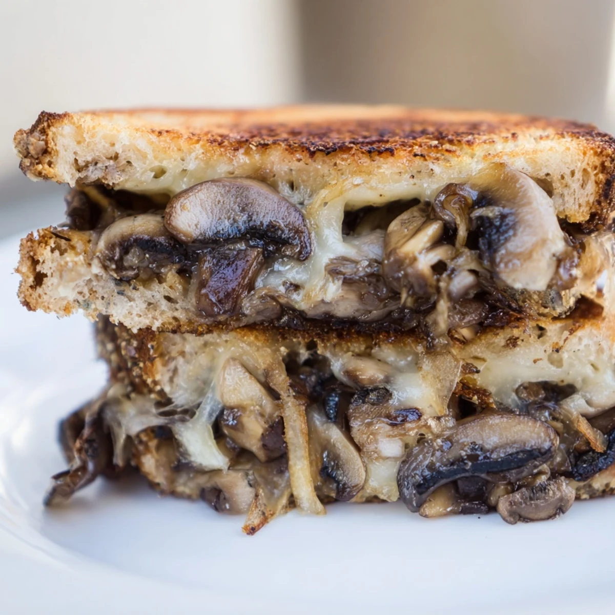 Golden-brown slices of rye bread reveal melted Swiss cheese and earthy sautéed mushrooms in this Mushroom Swiss Grilled Cheese.  