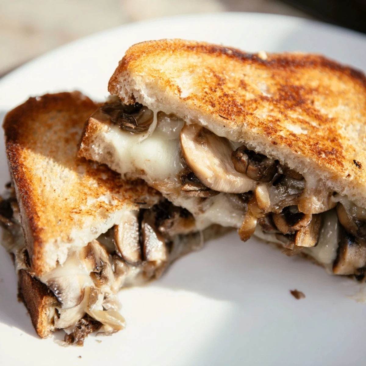 A close-up of the Mushroom Swiss Grilled Cheese, featuring crispy rye bread and creamy, gooey Swiss cheese layers.  