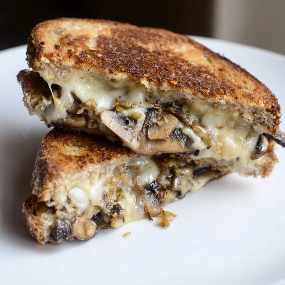 An open-faced view of the Mushroom Swiss Grilled Cheese, highlighting the savory sautéed mushrooms and melted cheese texture.