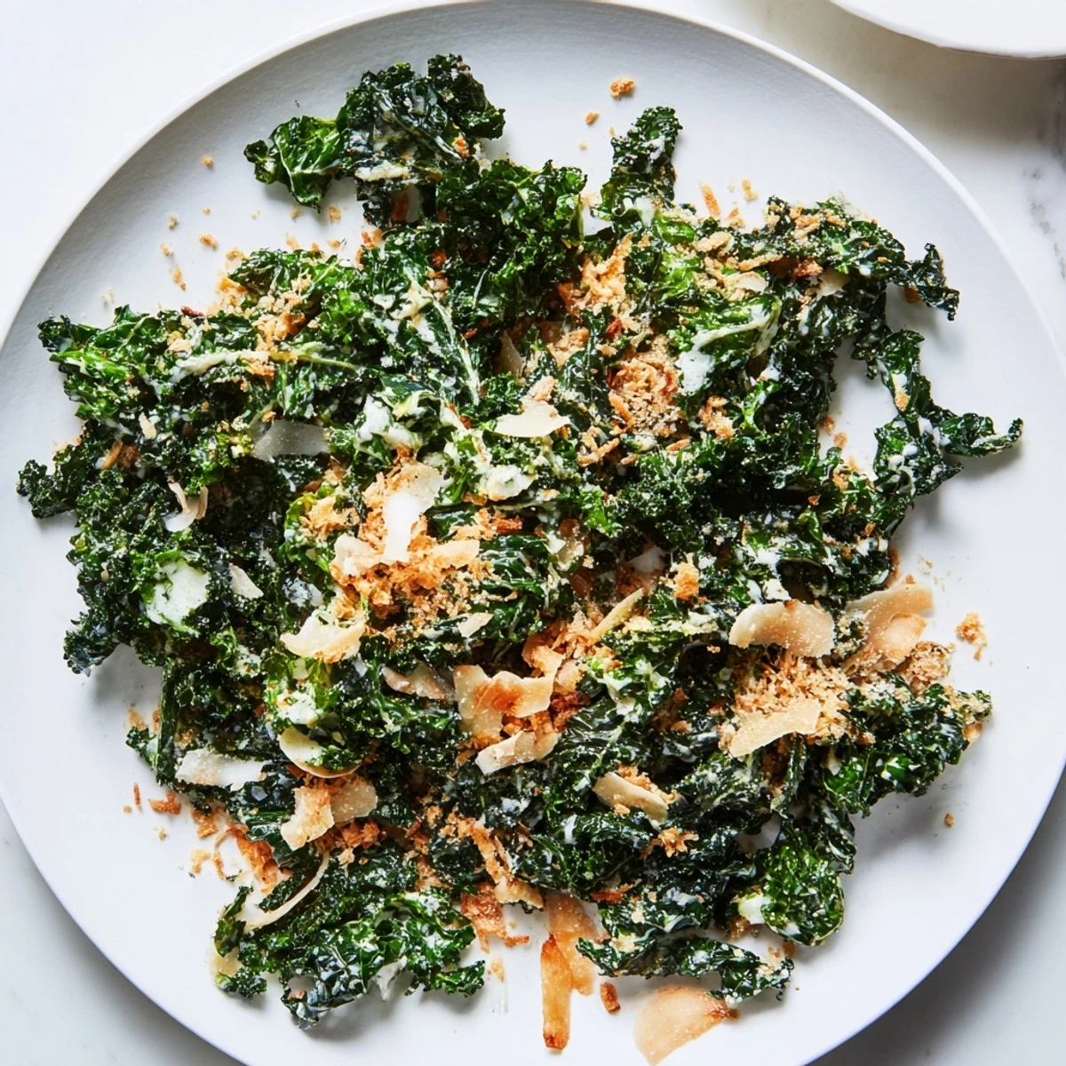Tender kale leaves coated in tangy lemon-garlic dressing, sprinkled with crisp panko and extra Parmesan for a satisfying side.