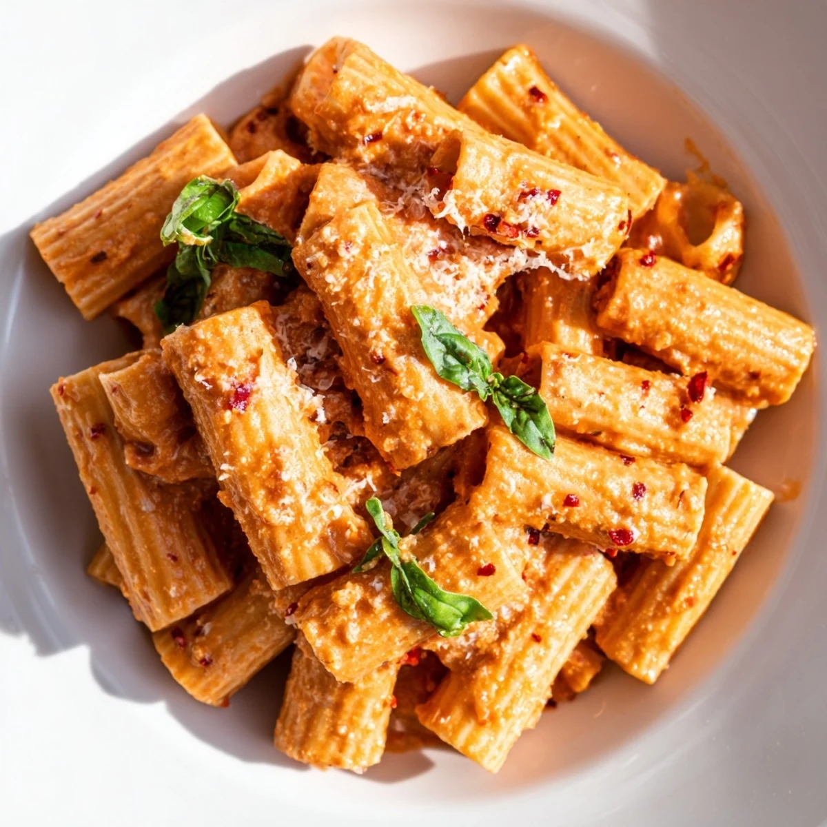 A fork twirling Spicy Rigatoni Pasta, showing the creamy tomato sauce and a sprinkle of Parmesan and basil.