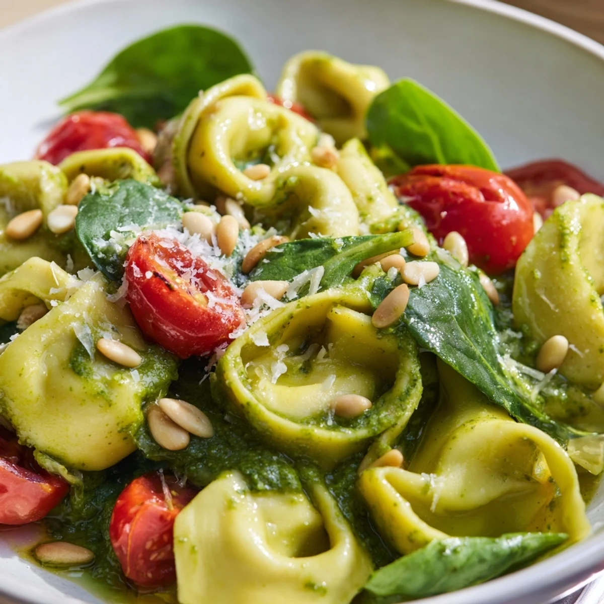 A close-up of vibrant Pesto Tortellini Salad with halved cherry tomatoes, baby spinach, and toasted pine nuts on a ceramic platter.  