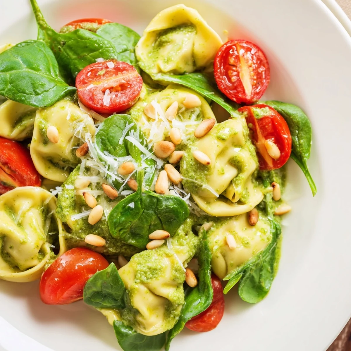 Bright Pesto Tortellini Salad served chilled in a white bowl, showcasing glistening basil pesto dressing and colorful vegetables.  