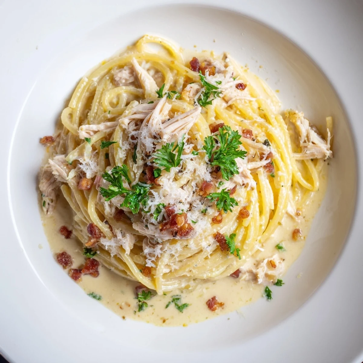 A close-up of Chicken Carbonara with golden bacon bits, glossy egg sauce, and Parmesan over spaghetti on a rustic table.