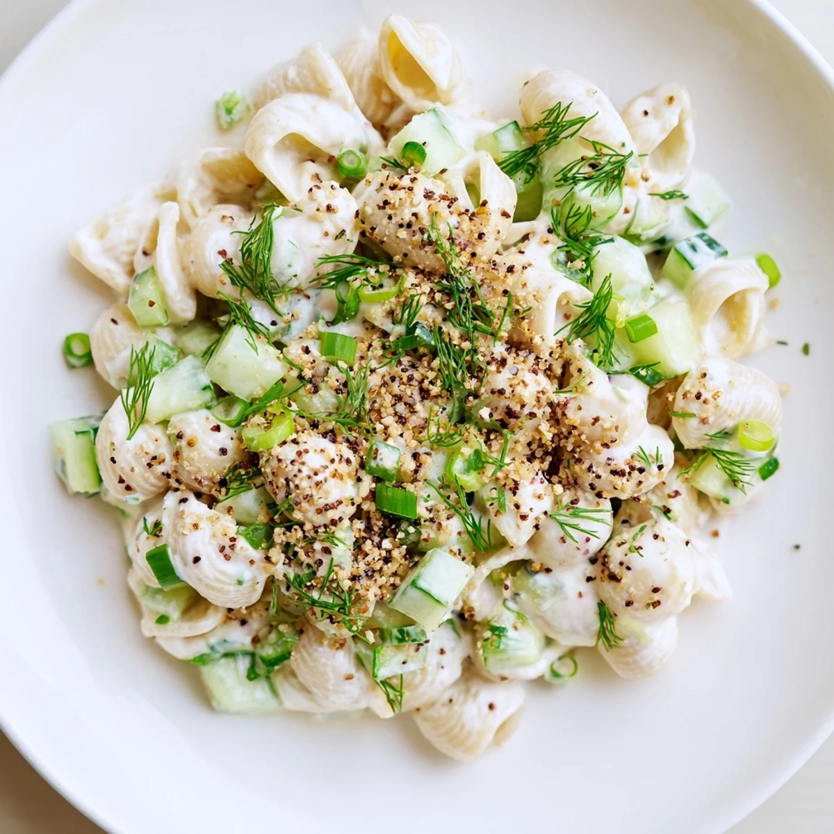 Cold Cucumber Crunch Pasta Salad garnished with fresh dill, ready for a summer picnic or backyard barbecue spread.