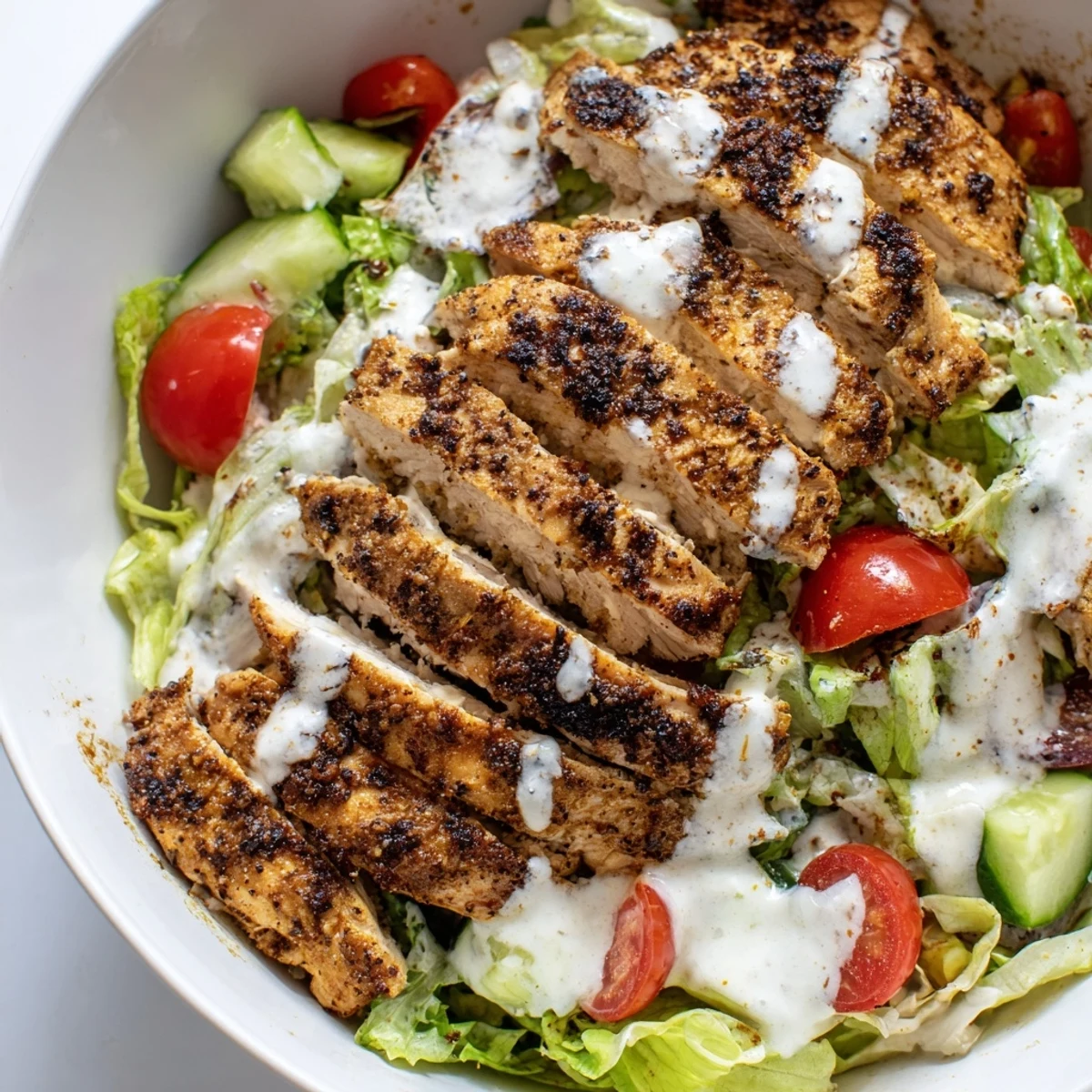 Tender spiced chicken Shawarma Salad Bowl with fresh tomatoes, cucumbers, and creamy garlic sauce over crisp greens.