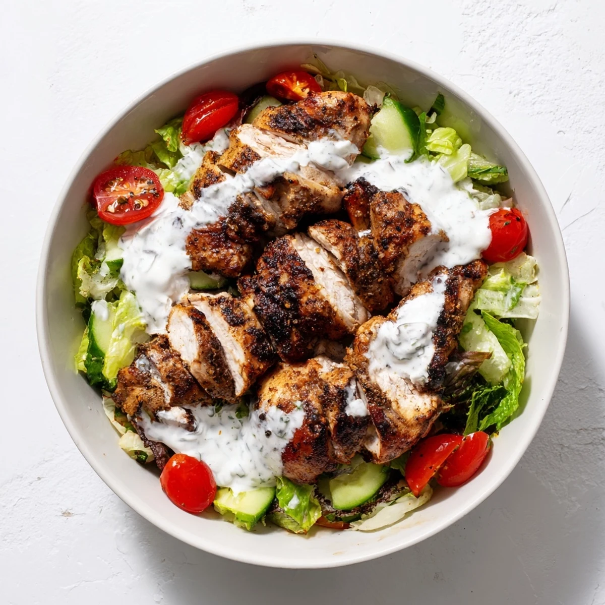 A colorful Middle Eastern-inspired Chicken Shawarma Salad Bowl drizzled with zesty yogurt sauce and fresh parsley.