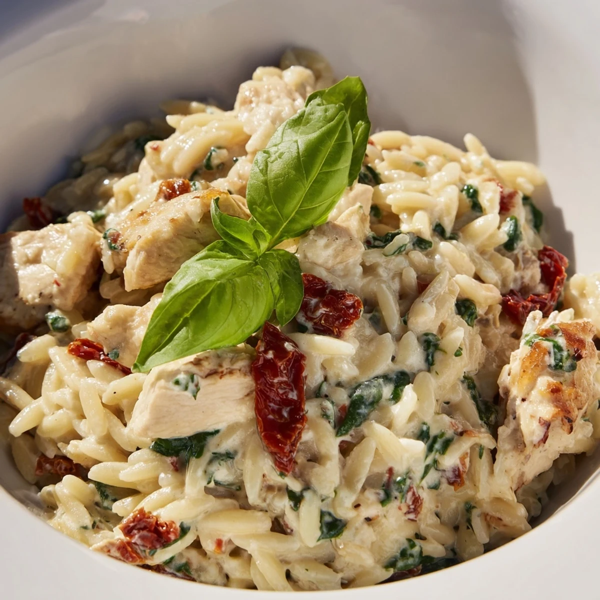 Creamy Tuscan Chicken Orzo simmering in a rich sauce with sun-dried tomatoes and wilted spinach.
