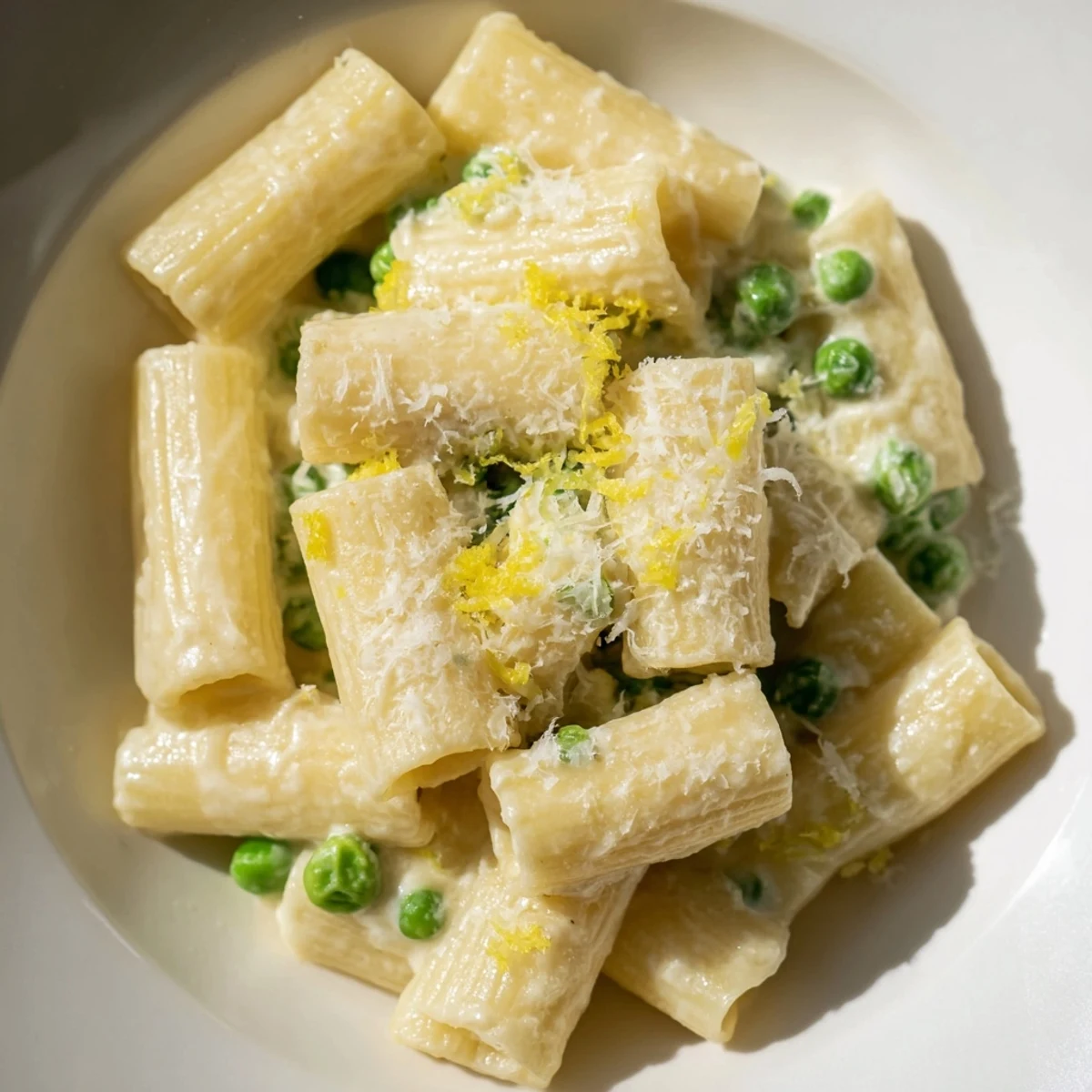 A close-up of Pea & Lemon Ricotta Pasta with creamy sauce clinging to rigatoni and bright green peas.