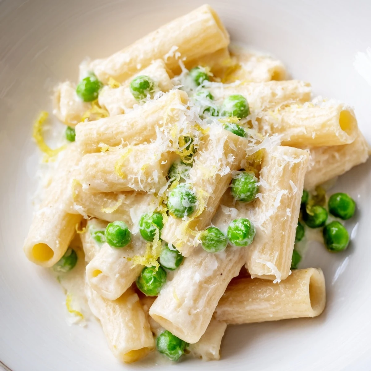 Spoonful of Pea & Lemon Ricotta Pasta shows silky ricotta sauce and sweet peas over al dente noodles.