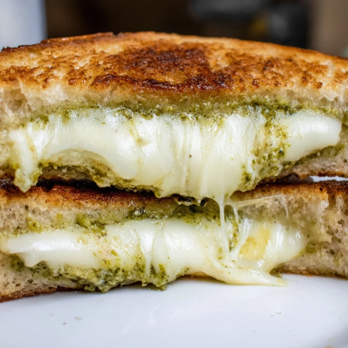 Golden, crispy sourdough pesto grilled cheese sandwich oozing melty mozzarella, fontina, and cheddar on a wooden cutting board.