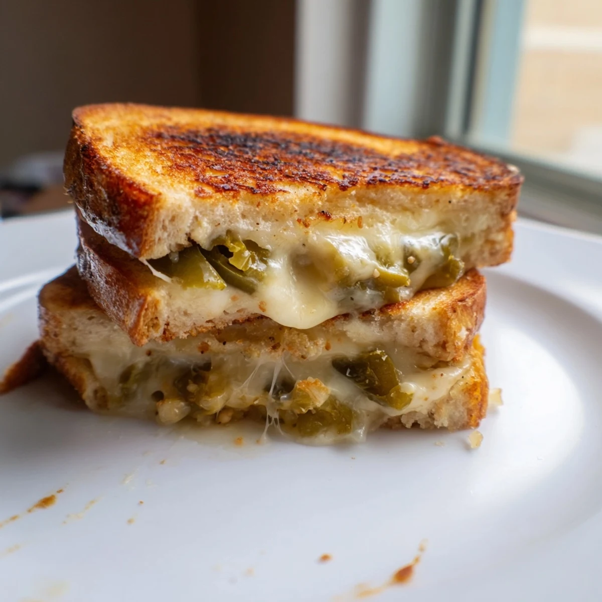 Golden-brown sourdough slices stuffed with melted pepper jack cheese and chopped pickled jalapeños on a rustic cutting board.  