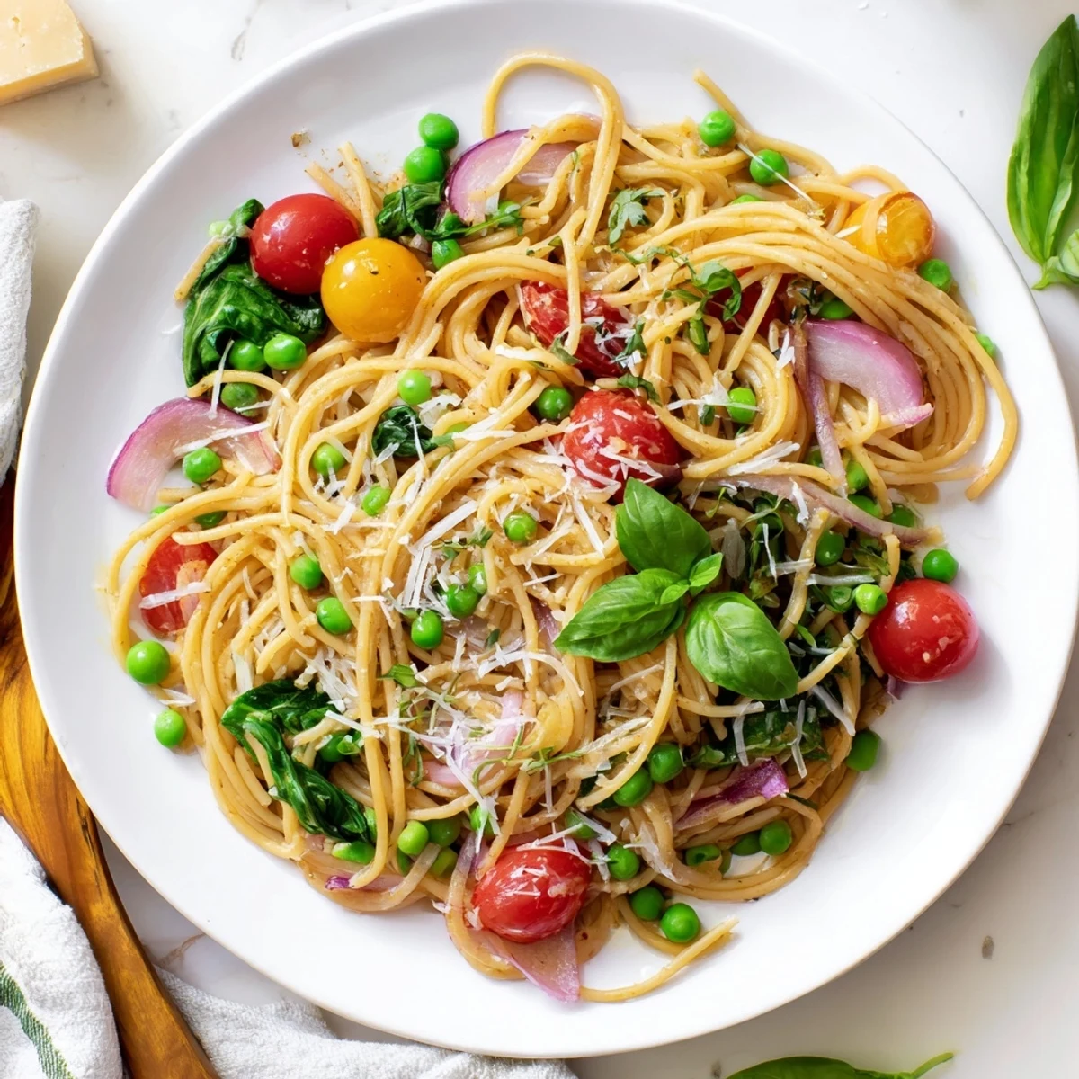 Steam rises from a large pot of Spring Veggie One-Pot Spaghetti as bright green peas and wilted spinach mix with al dente pasta.