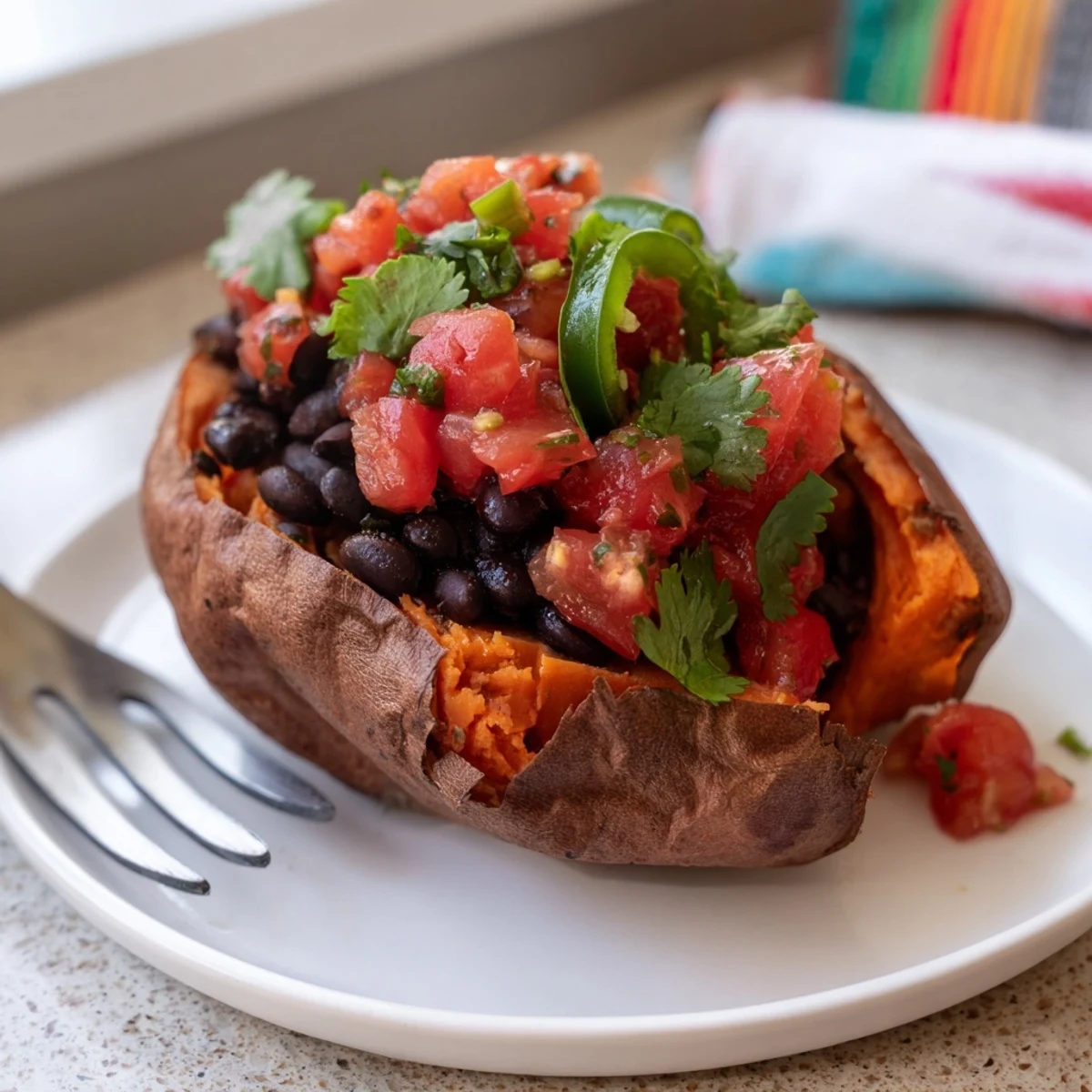 Golden roasted sweet potatoes split open, generously topped with smoky chipotle black beans and vibrant tomato salsa.
