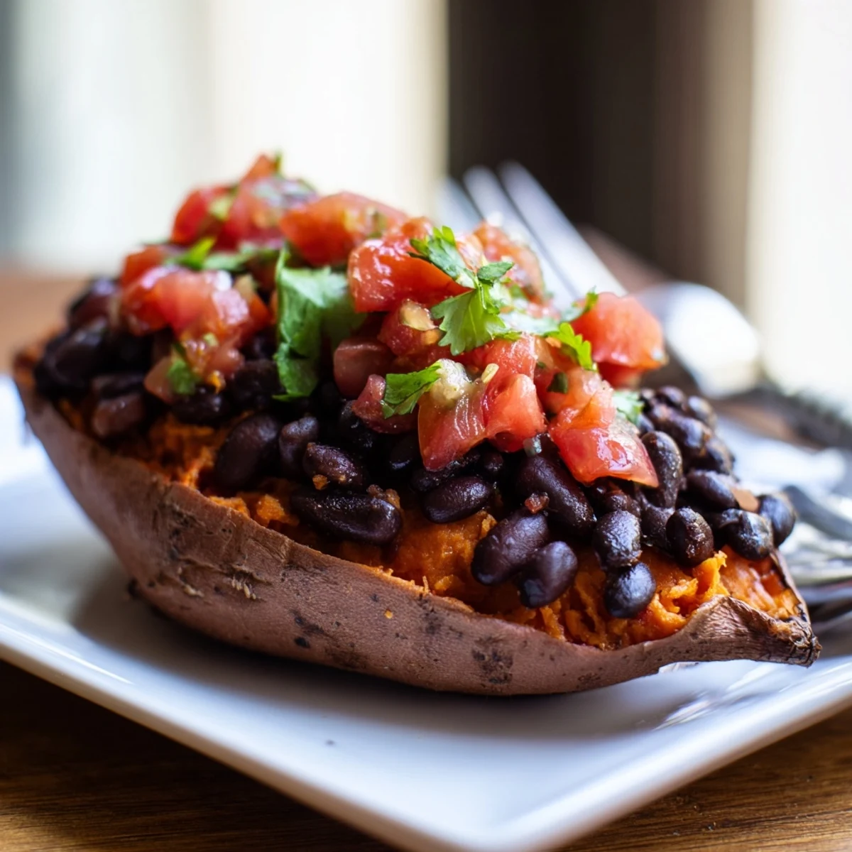 Ready-to-serve roasted sweet potato halves loaded with seasoned black beans and creamy avocado slices.