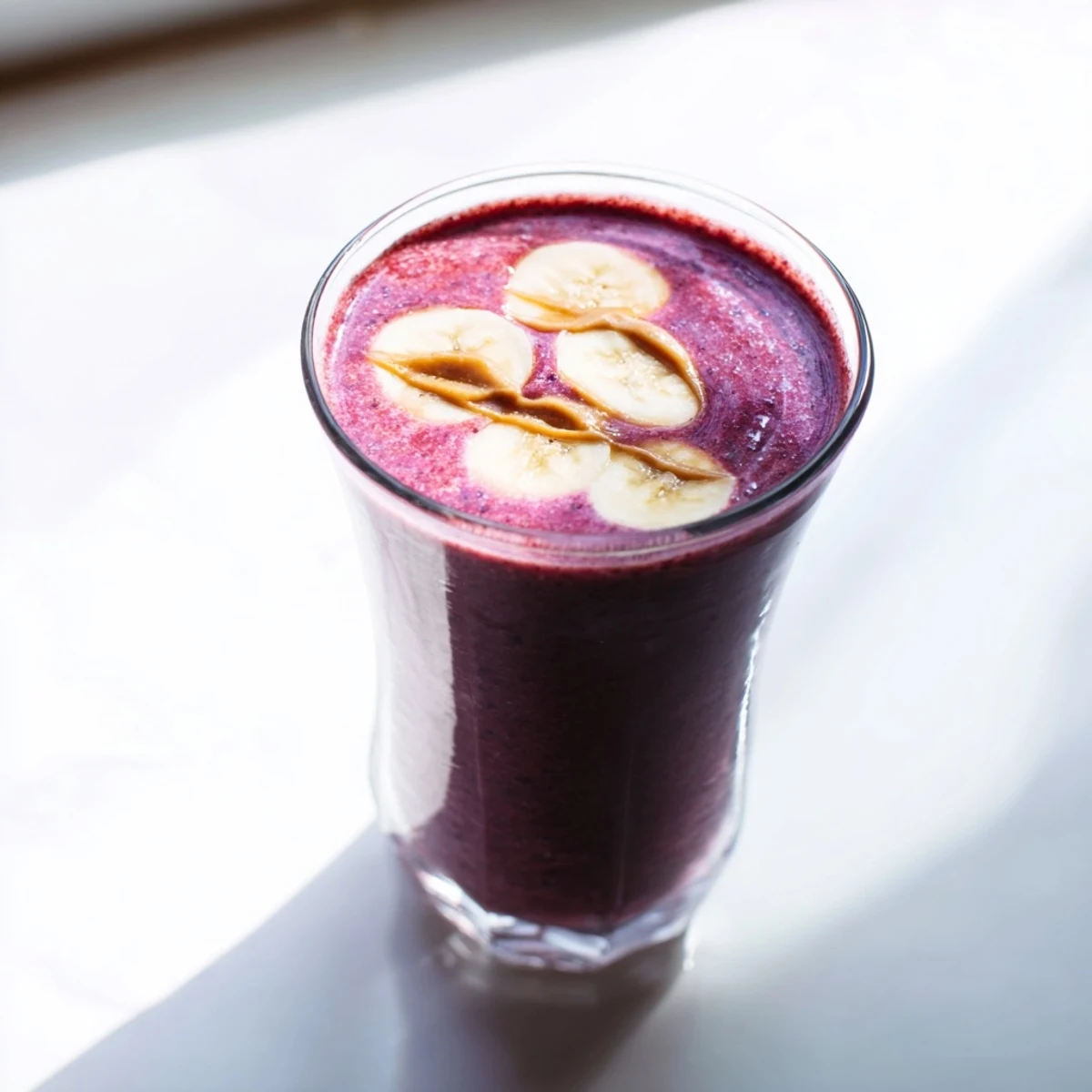 Thick, creamy Cherry Almond Smoothie in a glass, garnished with sliced almonds and cherries.