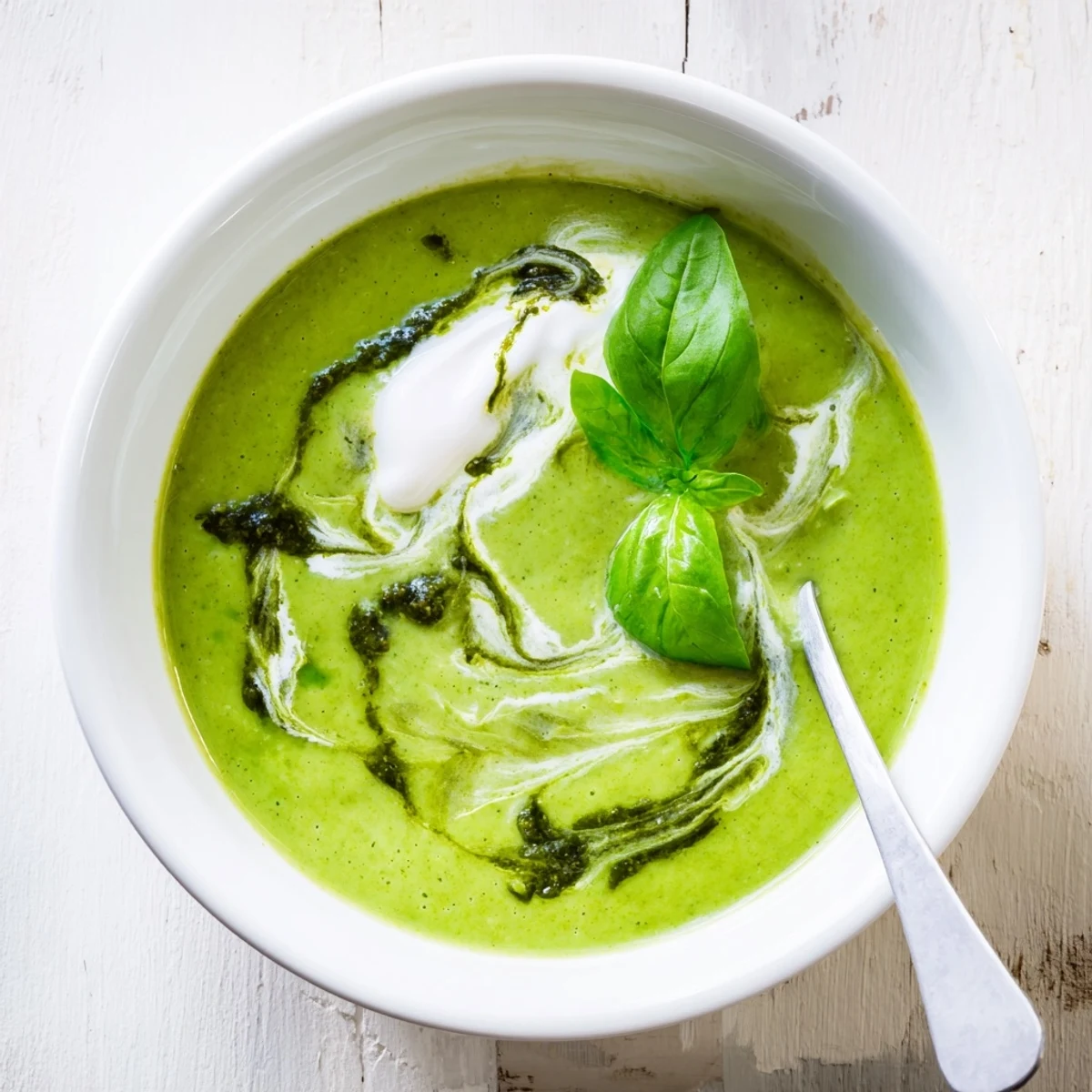 Steaming Courgette, Pea and Pesto Soup served with crusty bread highlights fresh greens and aromatic basil pesto, ideal for lunch.