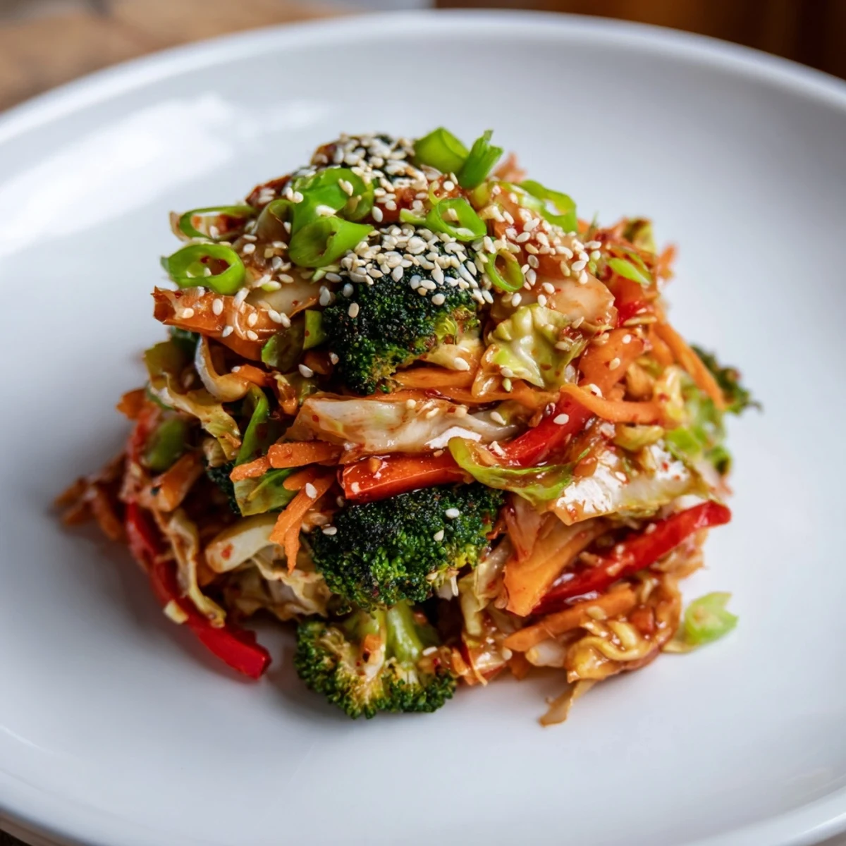 This comforting fermented veggie winter stir-fry features crisp broccoli, sweet potato, and bright red cabbage tossed with spicy kimchi and sesame seeds.