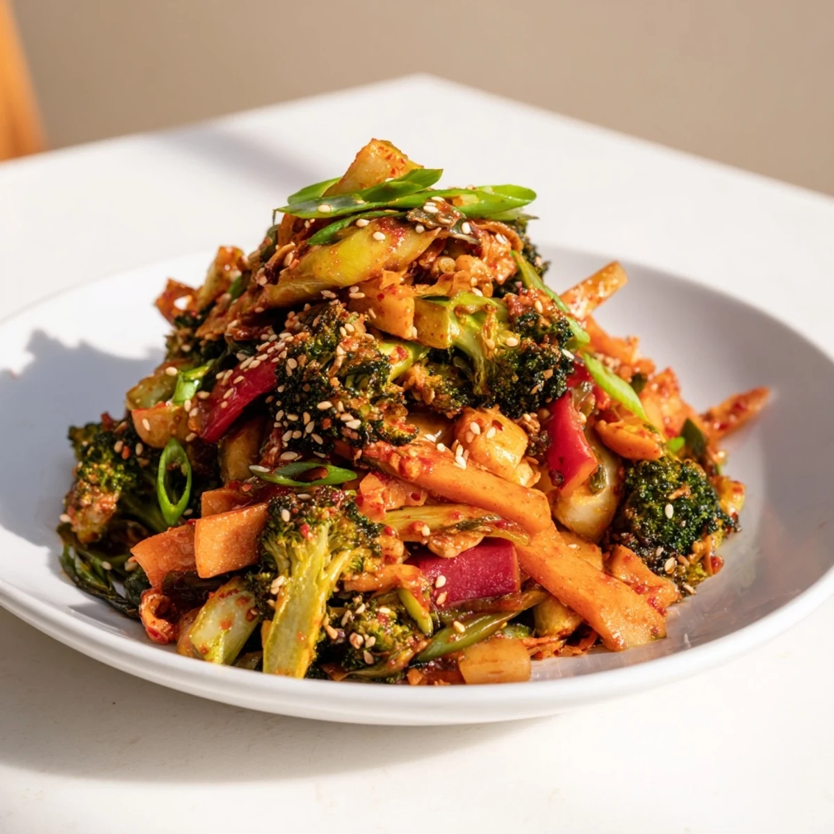 A vibrant bowl of our comforting fermented veggie winter stir-fry, loaded with colorful vegetables and topped with fresh green onions and sesame seeds.