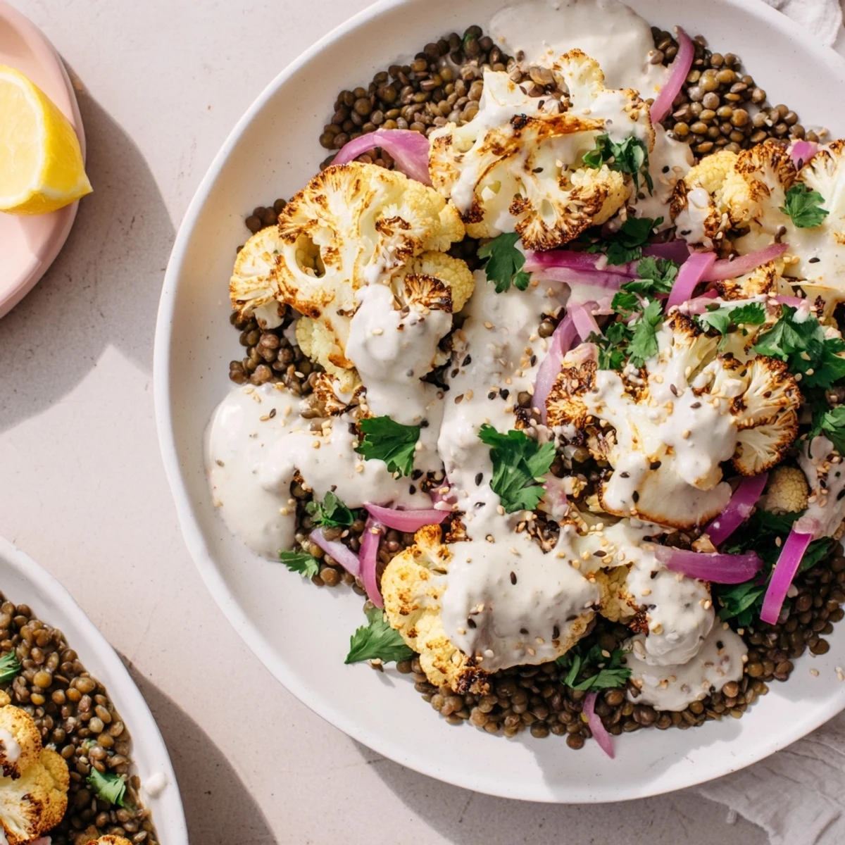 Golden roasted cauliflower florets with caramelized edges rest atop a vibrant lemon lentil salad flecked with red onion and parsley, all drizzled with creamy cumin tahini yogurt.