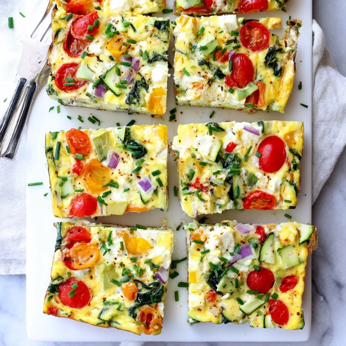 Fluffy sheet pan eggs with cottage cheese, spinach, tomatoes, and peppers, served warm for breakfast.  