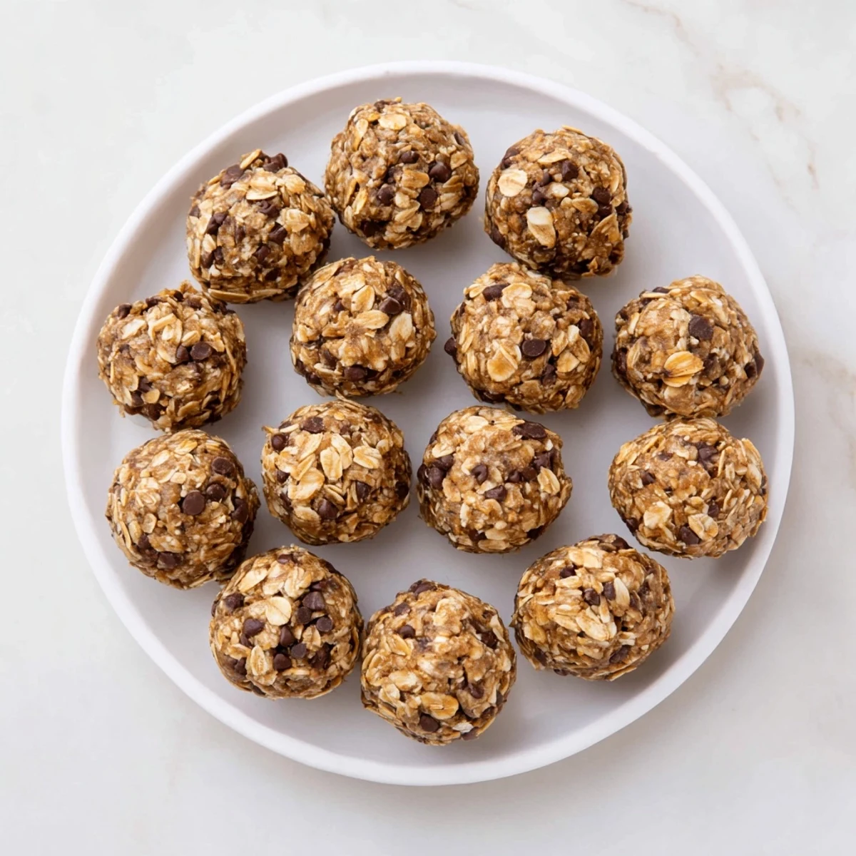 A close-up of homemade Banana Chocolate Chip Energy Balls, featuring oats, chocolate chips, and a hint of banana.