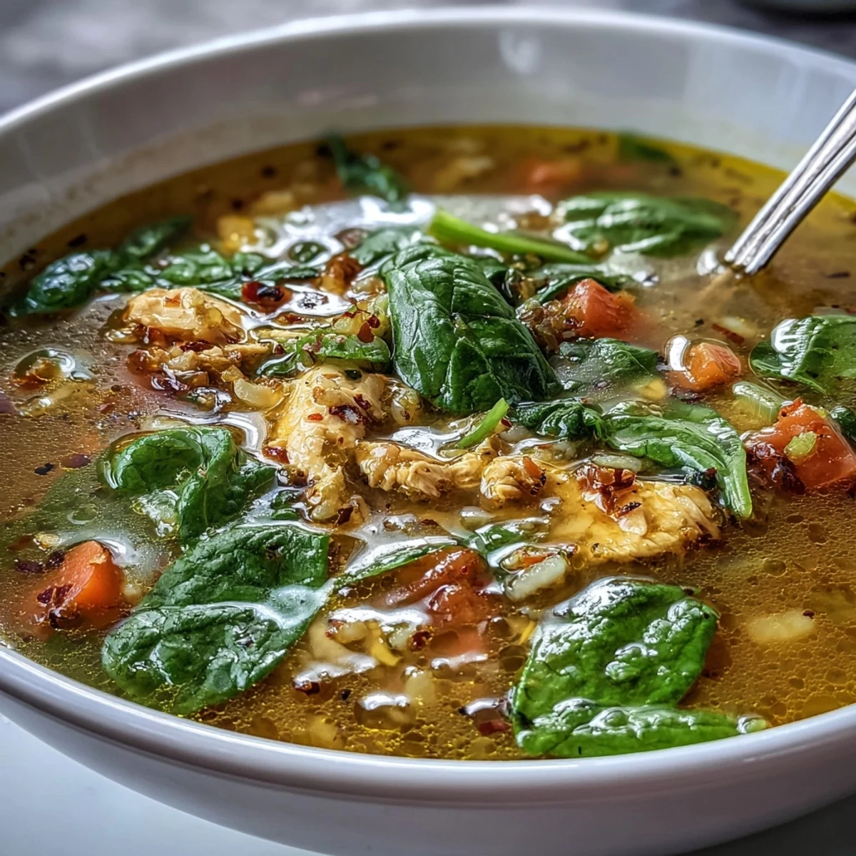 A warm bowl of Soothing Turmeric Chicken With Pearl Barley, featuring tender chicken, golden broth, and vibrant green spinach garnish.