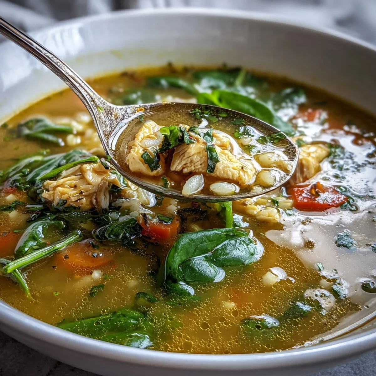 In a rustic white bowl, this Soothing Turmeric Chicken With Pearl Barley reveals chunks of chicken, carrots, and zucchini in a golden broth.
