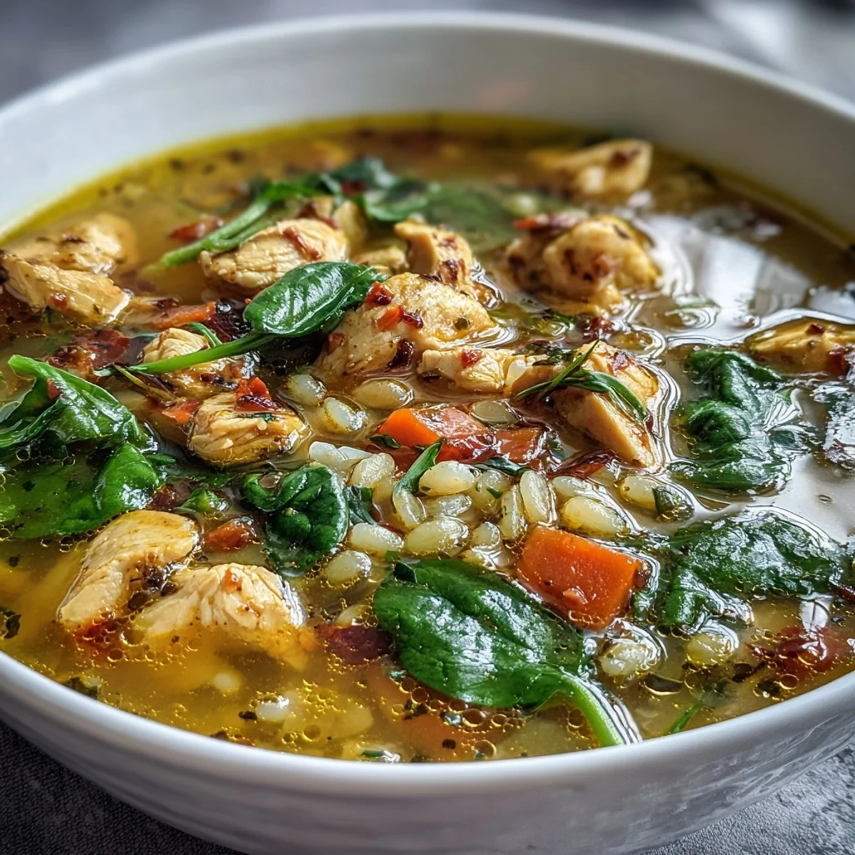 Top-down view of Soothing Turmeric Chicken With Pearl Barley, garnished with fresh parsley and a lemon wedge beside crusty bread.