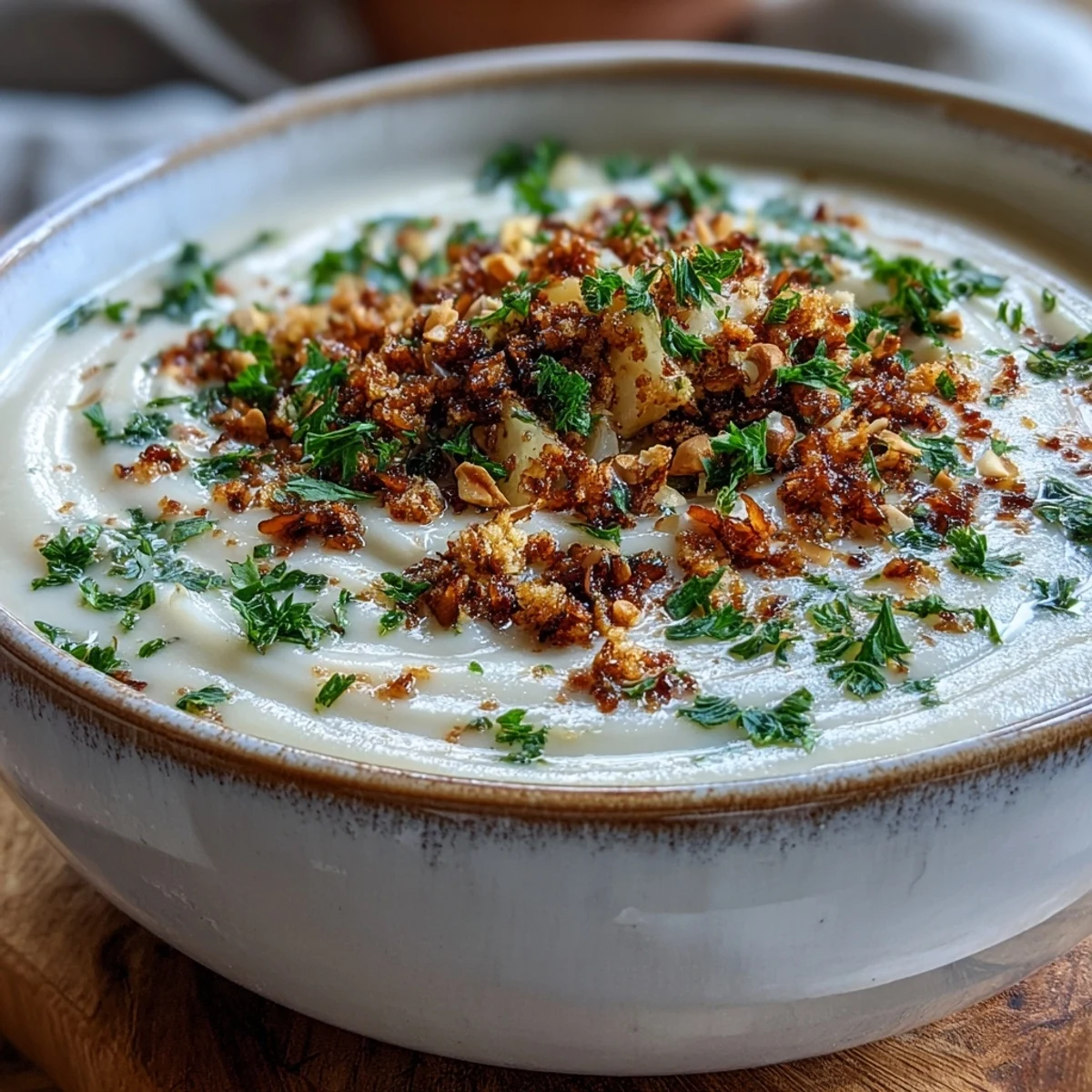 Creamy Celeriac Soup With Hazelnut Crumble ladled into a warm ceramic bowl, showcasing the silky texture and golden hazelnut topping.
