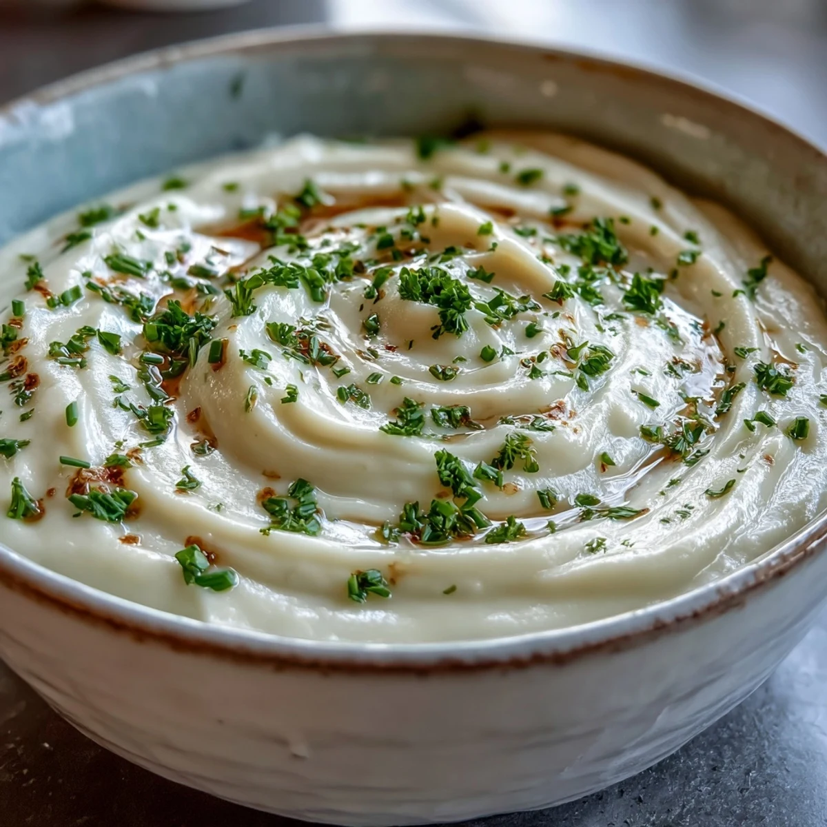 Elegant bowl of Creamy Celery Root Bisque with a golden hue and rustic crusty bread on the side.