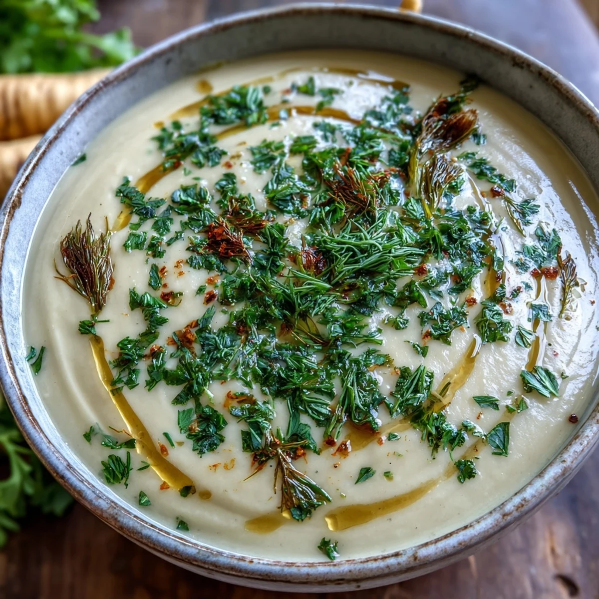Roasted parsnips and potatoes blended into warm Parsnip and Herb Soup served beside crusty artisan bread.