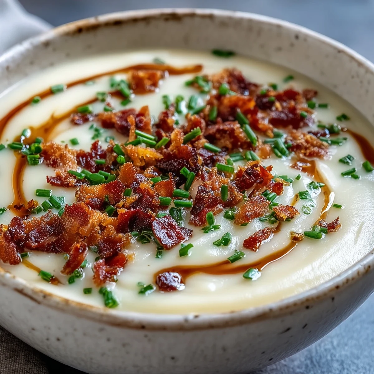 Creamy Celeriac Soup with Crispy Bacon served in a rustic bowl, topped with golden bacon crumbles and fresh chives. 