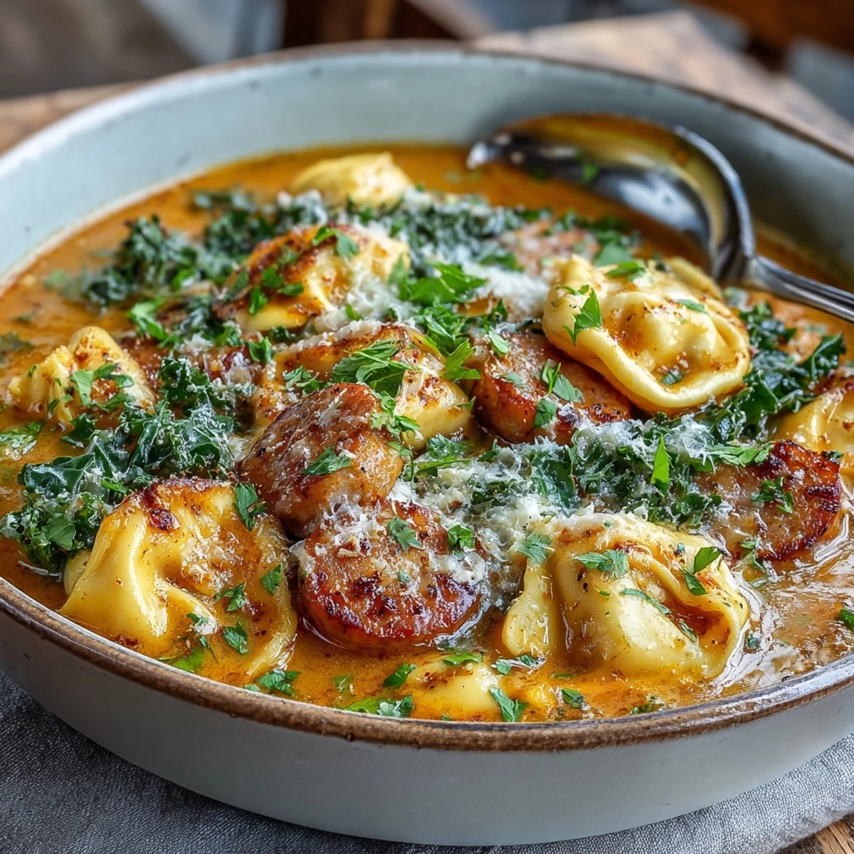Creamy Pumpkin Tortellini Soup with chicken sausage and wilted kale served hot in a rustic bowl.