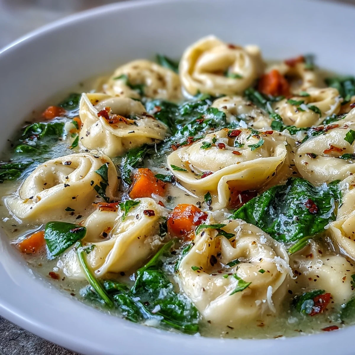 Creamy Easy Tortellini Soup with Chicken Broth steaming in a rustic bowl topped with Parmesan and parsley.