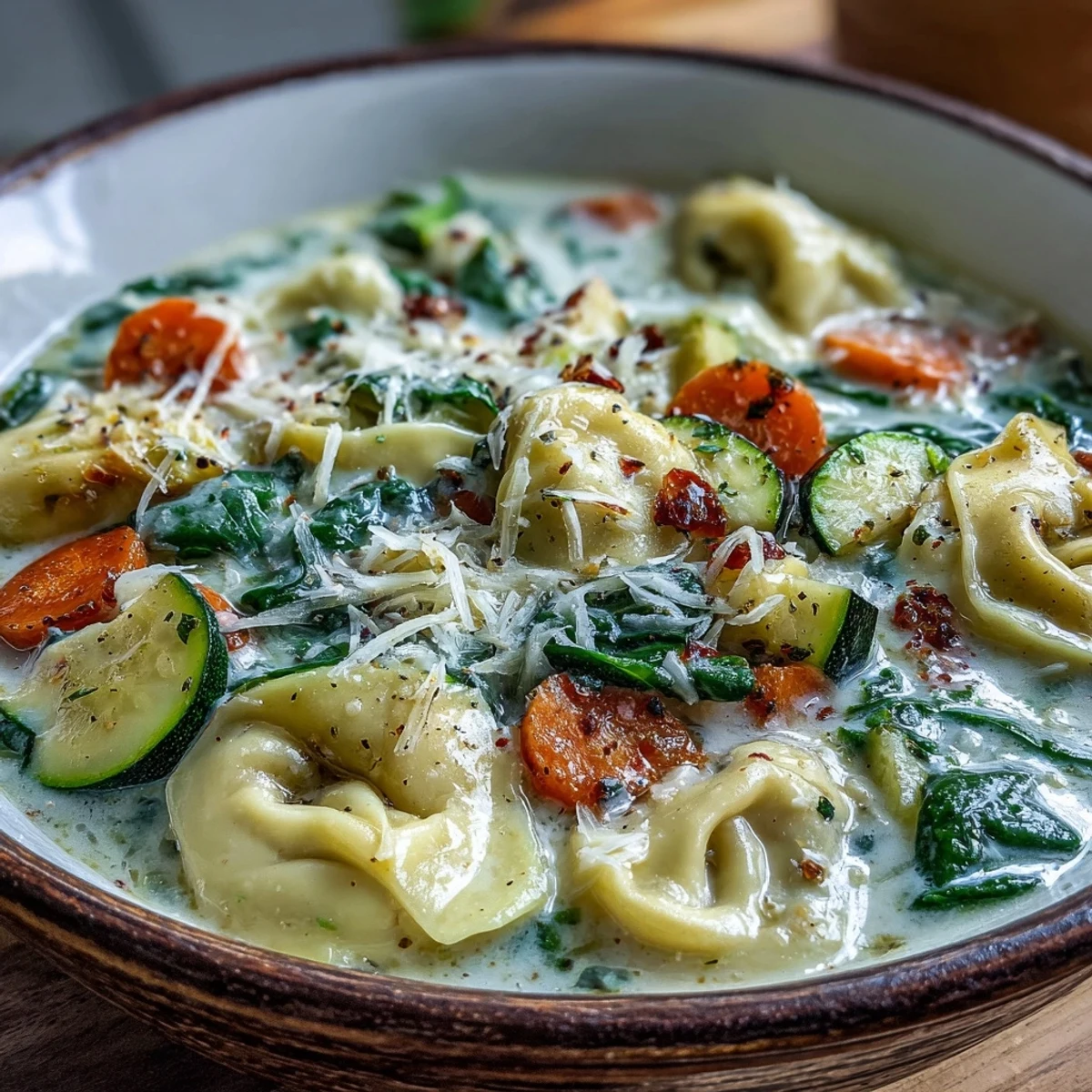 Creamy Vegetable Tortellini Soup ladled into a white bowl with steam rising, showcasing tender tortellini, diced carrots, zucchini, and wilted spinach in a rich, creamy herb broth. 