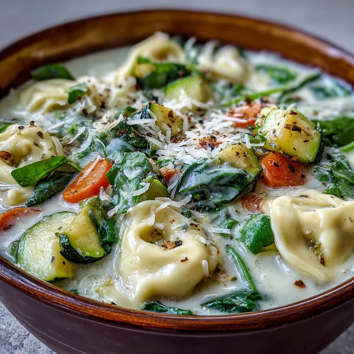 Bright overhead shot of Creamy Vegetable Tortellini Soup topped with fresh basil and grated Parmesan, served alongside crusty artisan bread for dipping. 