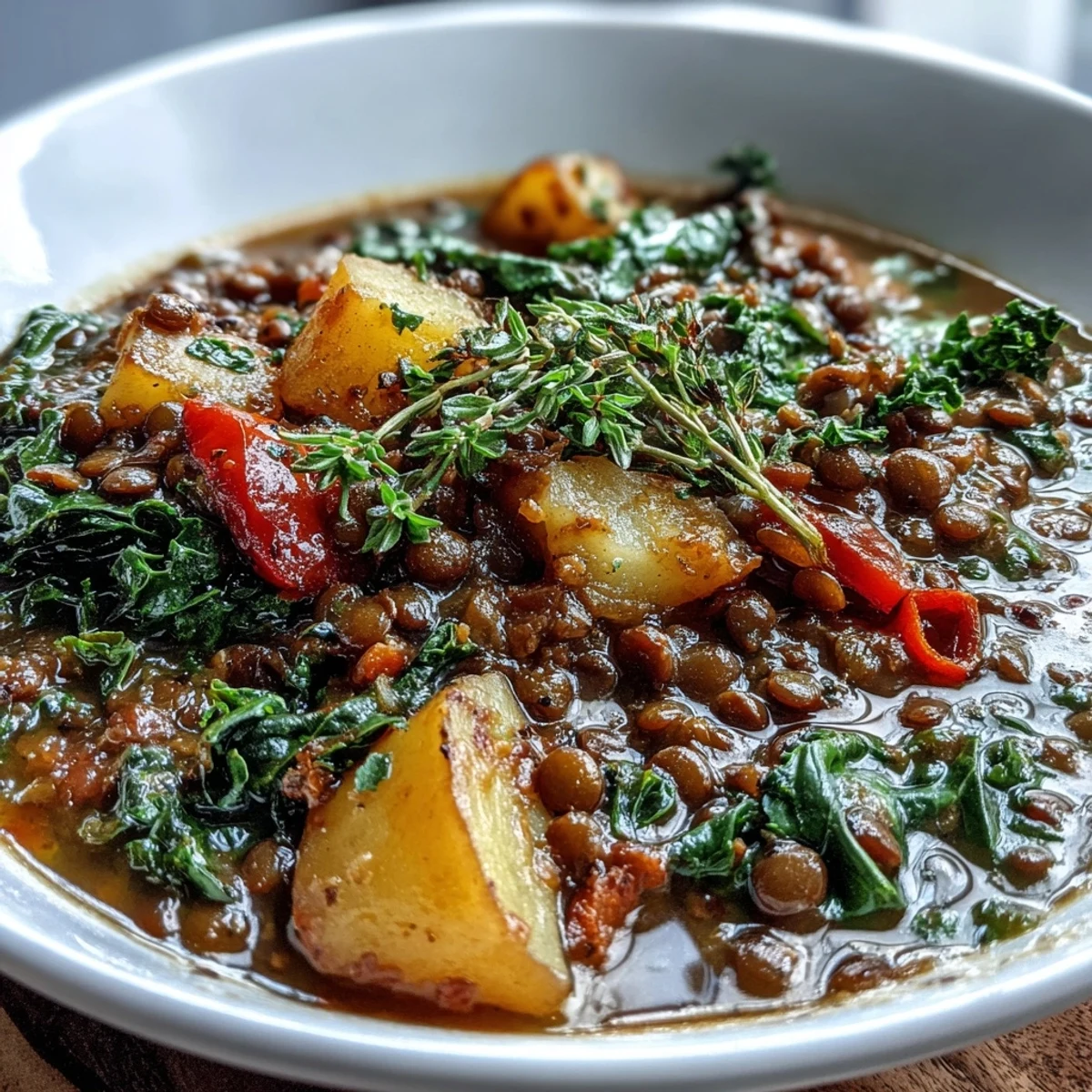 Steaming bowl of Vegetarian Lentil Stew, showcasing tender lentils, carrots, and potatoes in a rich tomato broth with a garnish of fresh parsley.