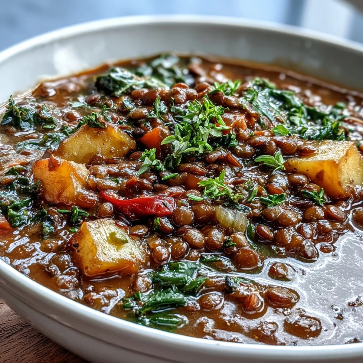 Colorful ladle of Vegetarian Lentil Stew serving a hearty mix of brown lentils, diced vegetables, and wilted spinach, ready to eat.