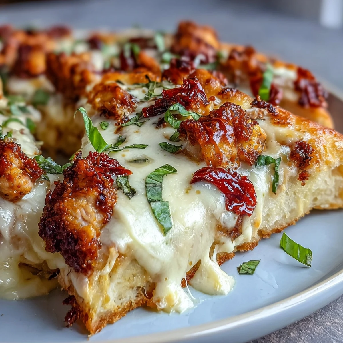 Freshly baked Marry Me Chicken Pizza with creamy chicken, sun-dried tomatoes, and melted mozzarella on a golden crust.