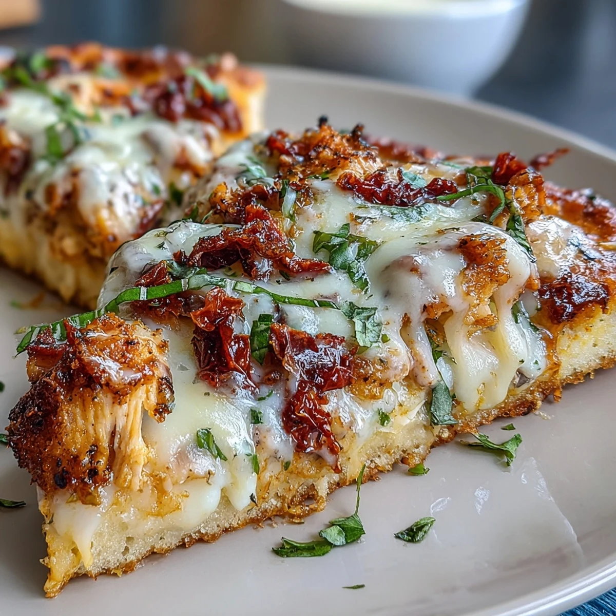 Sliced Marry Me Chicken Pizza reveals a savory, creamy filling with garlic notes on a crisp, golden-baked crust.